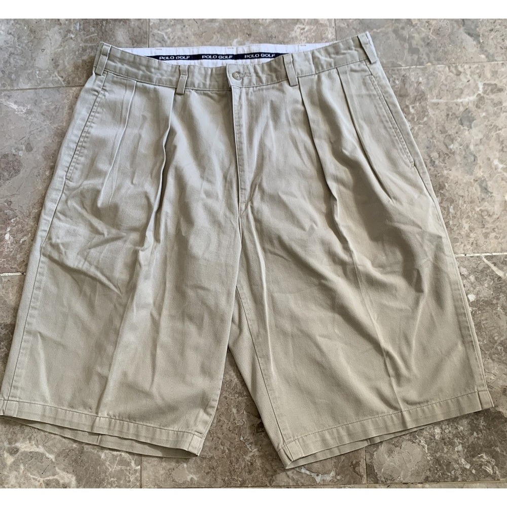 Vintage Polo Ralph Lauren Golf Mens Chino Shorts Beige Size 36 Crest Pleated USA